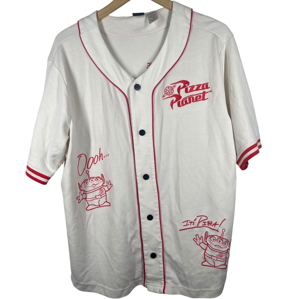 Disney White & Red Pizza Planet Baseball Jersey Shirt